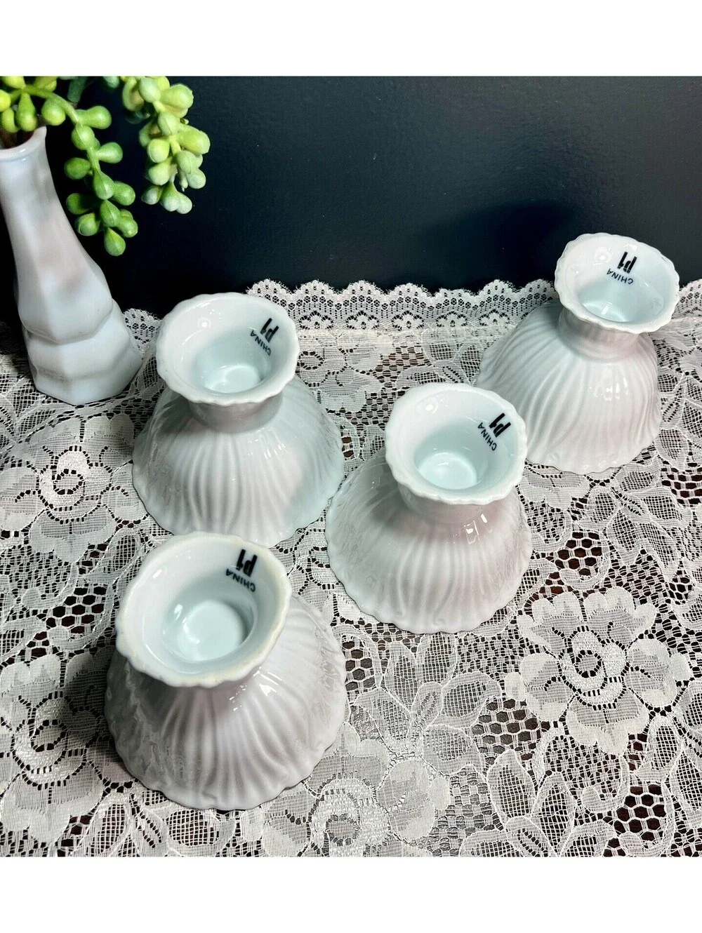 Vintage White Pier One Dessert Ice Cream Bowls Footed Pedestal White Rare (4)